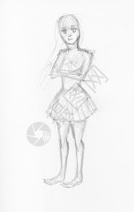 白纸上用黑铅笔手工画的短裙女孩素描背景图片