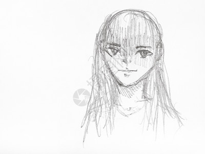 白纸上黑铅笔亲手画的长直头发女孩素描背景图片