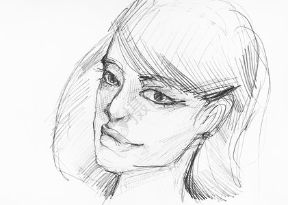 白纸上黑铅笔亲手绘制的厚嘴唇浪漫年轻女头部草图图片