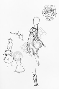 短裙女孩头和脚用白纸上的黑墨水手工绘制的女用短裙孩头和脚的肖像草图图片