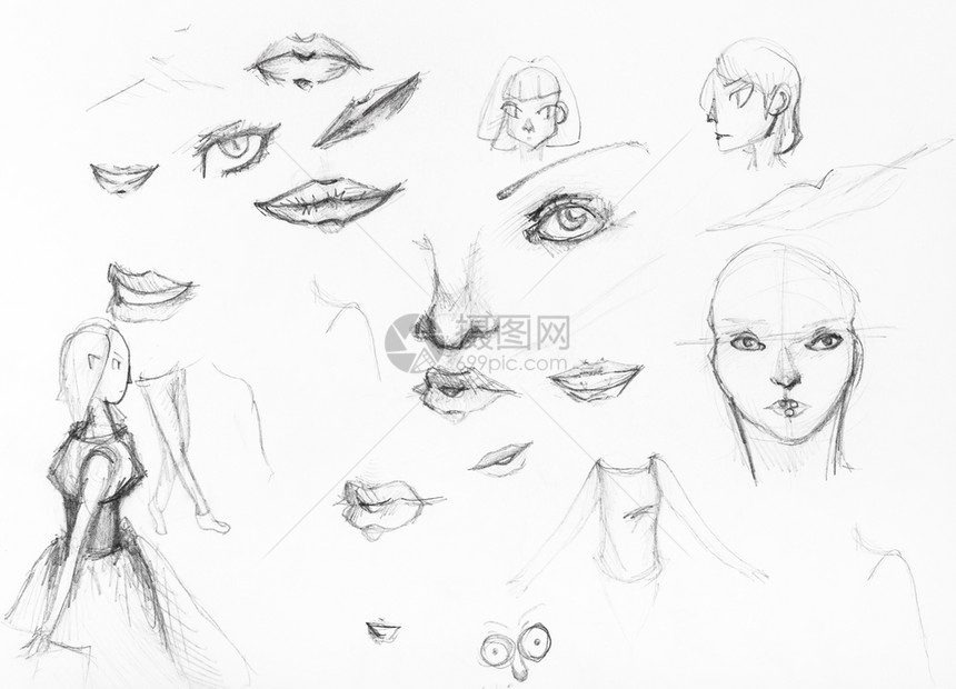 白纸上用黑铅笔手工绘制的女孩肖像和面孔细节图片