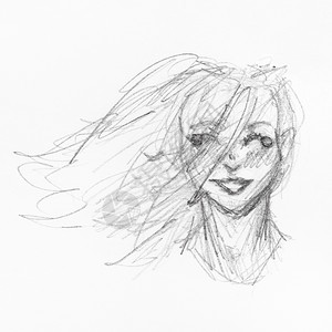 快乐女孩头部的草图白纸上黑铅笔亲手在风中吹着头发图片