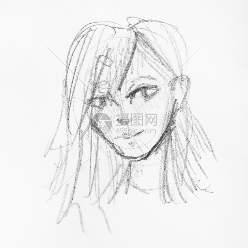 白纸上黑铅笔亲手绘制的长毛发女孩头部草图图片