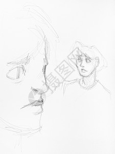 白纸上黑铅笔手工绘制的男头部和脸草图图片