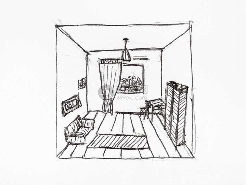 用白纸上的黑墨手工绘制公寓内观点汇合线图片