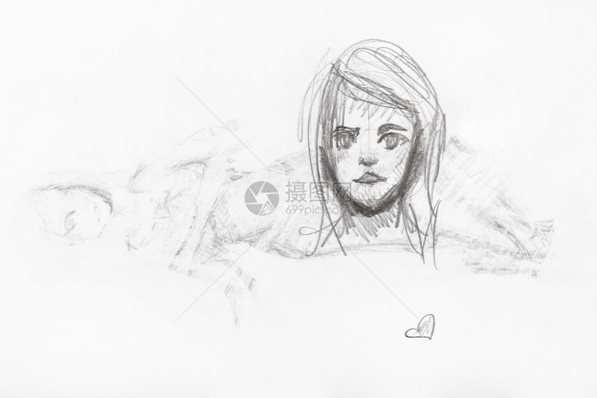 用白纸上的黑铅笔手工绘制的影子身上女孩的头部草图图片
