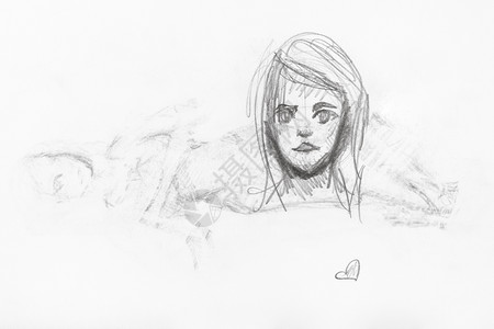 用白纸上的黑铅笔手工绘制的影子身上女孩的头部草图图片