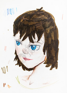 白纸上彩色铅笔手工绘制的蓝色眼睛和棕头发女孩肖像图片
