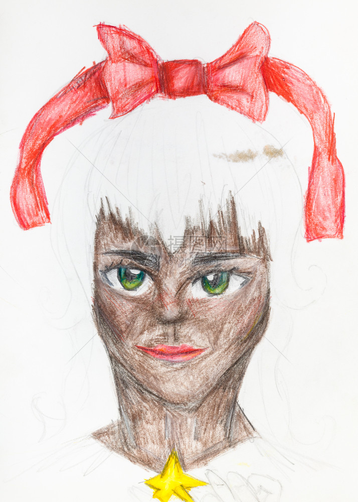 白头发红弓的猫女肖像用白纸彩铅笔手工绘制图片