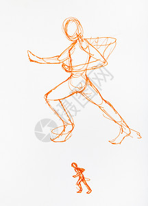 用白纸上橙色感觉笔手工绘制的运行中人类数字移动图示草图片