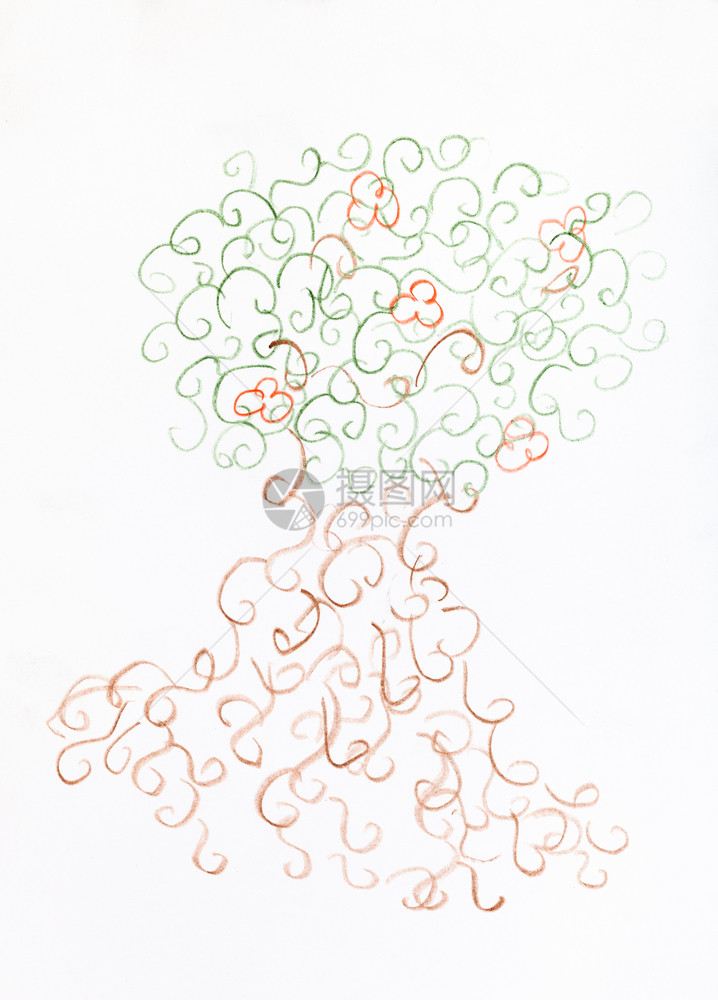 用白纸上彩色铅笔手工绘画的花哨树图片