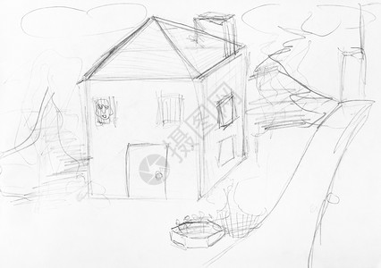 白色纸上黑铅笔手工绘制的两层城镇房屋草图图片