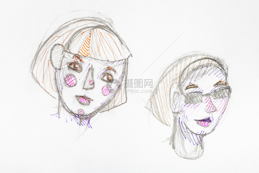 用白纸上彩色铅笔手工绘制的粉红脸颊两名女孩头部草图图片
