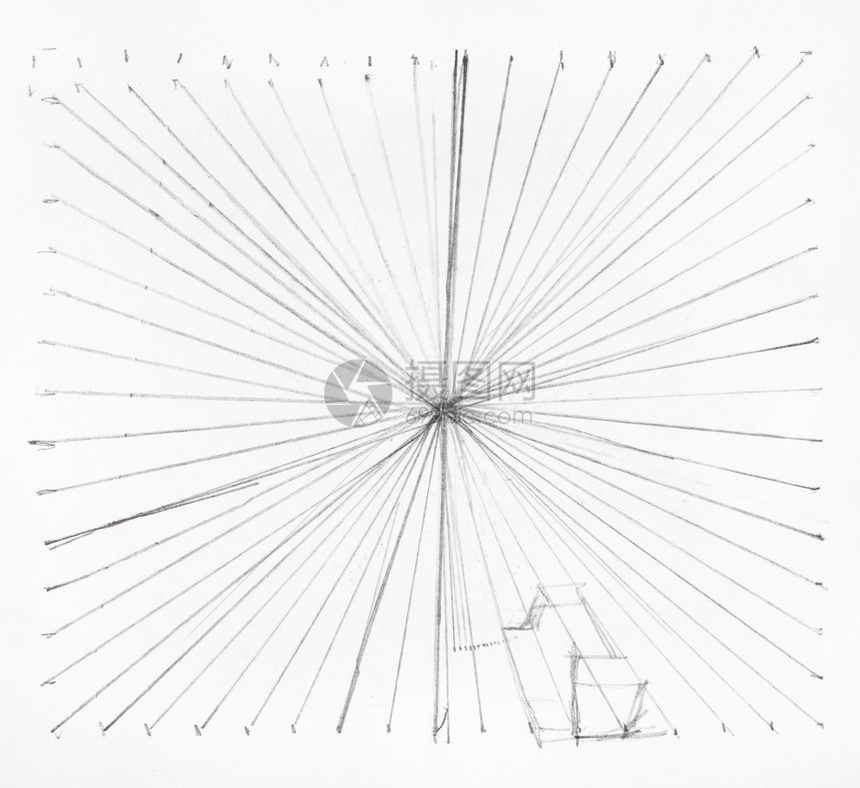白纸上黑铅笔亲手绘制的正方形中央汇合线图片