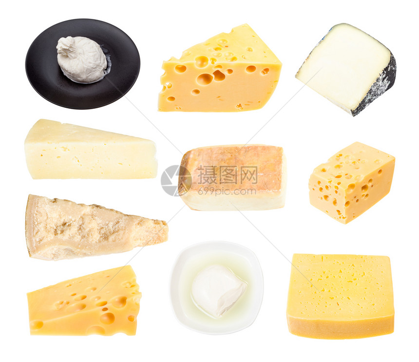 设置于从白背景上分离的各种奶酪中图片