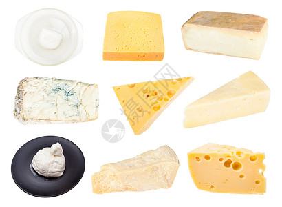 白背景上隔绝的各种奶酪拼贴高清图片
