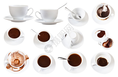 咖啡地的占卜白色瓷杯和背景孤立的锅盘上咖啡沉积物图片