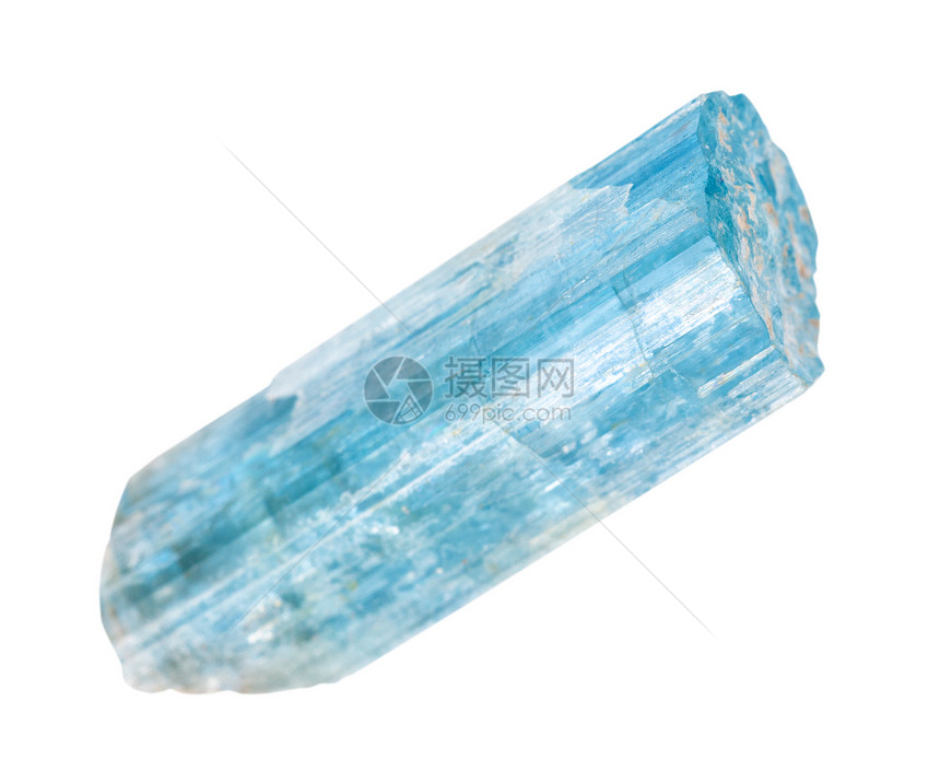 地质采集的自然矿物样本封存白底绝缘的Aquamarine蓝色贝里尔结晶图片