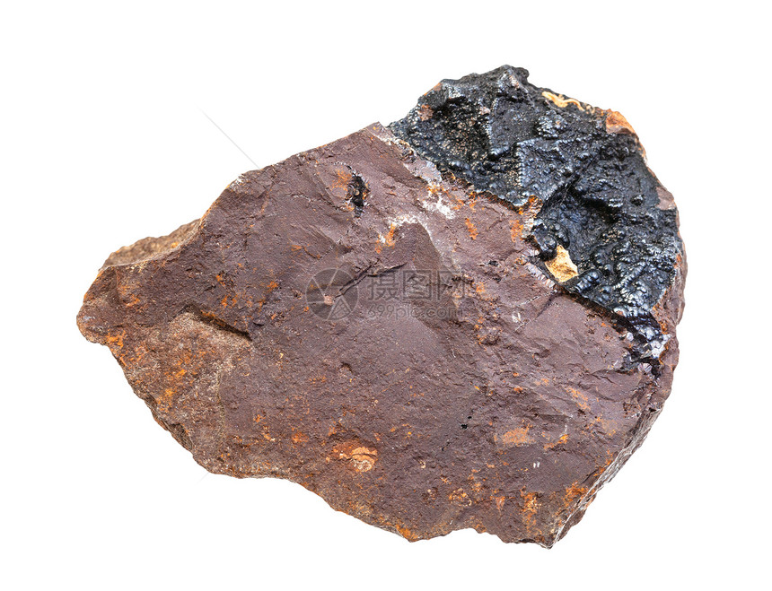 地质采集的天然矿物样本近距离采集岩土褐铁矿石岩土褐铁矿石白底与戈埃提岩隔离白底与戈埃提岩分离图片