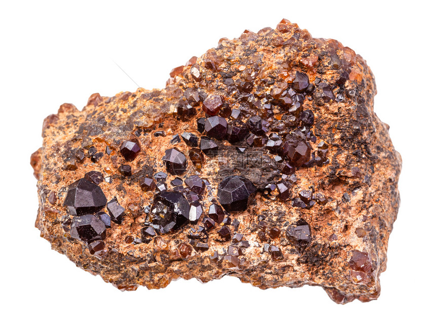 地质采集的天然矿物样本封存在白色背景孤立的岩石上钻入Andraditegarnet晶体图片