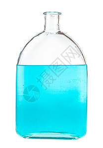 蓝墨水溶液在玻璃瓶中在白色背景上分离蓝墨水水溶液在玻璃瓶中分离背景