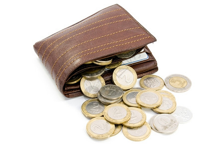 货币商业从开阔的皮革钱包中溢出的硬币疏散图片