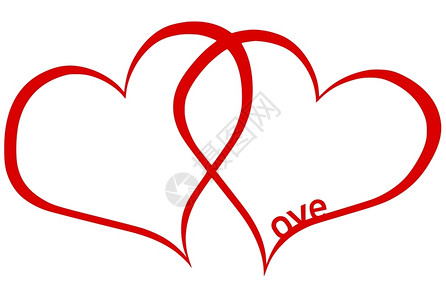 红色的手绘情人节两颗心和爱的字词孤立在白色上图片