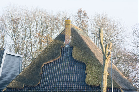 一座农舍的屋顶被烧焦圆钟形农家烟囱成图片