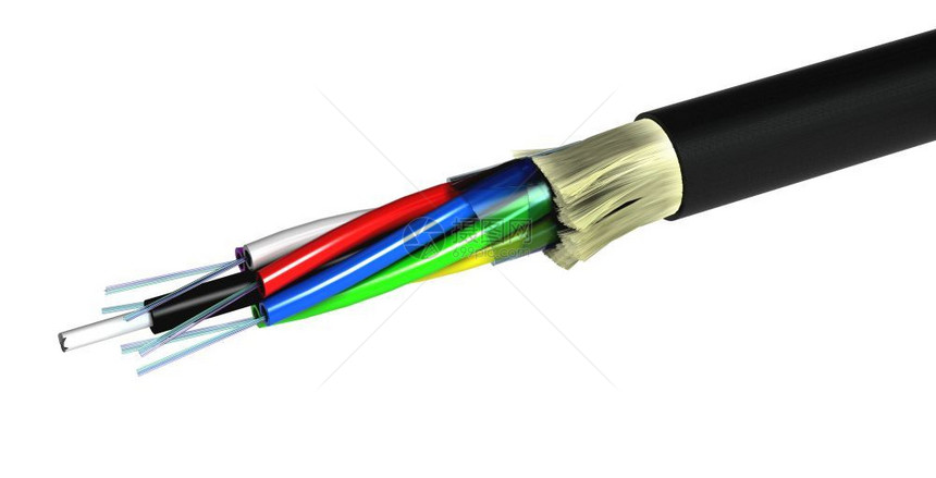 凯夫拉尔管子将白色光纤电缆剥离在白色背景上隔绝的光纤线条电缆穿过白色3D光学的图片