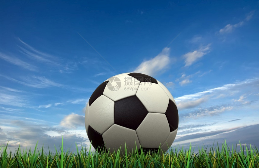 运动3d在天空背景的草地上交接足球云皮革图片