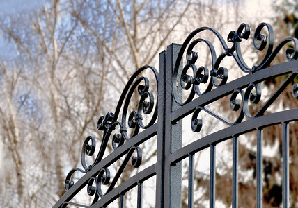 关闭一个私人花园并用黑色铁栅栏封闭一个私人花园金属华丽的伪造图片