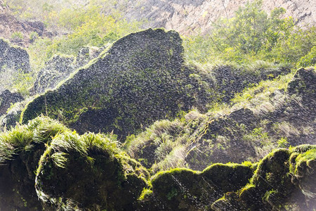 薄雾绿色超过在墨西哥恰帕斯州苏米德罗峡谷悬崖瀑布的绿草地上喷雾图片
