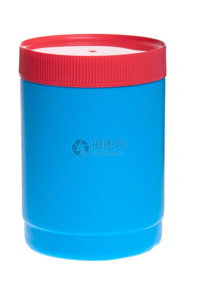 产品瓶子白色背景上孤立的蓝色塑料罐体盒子图片