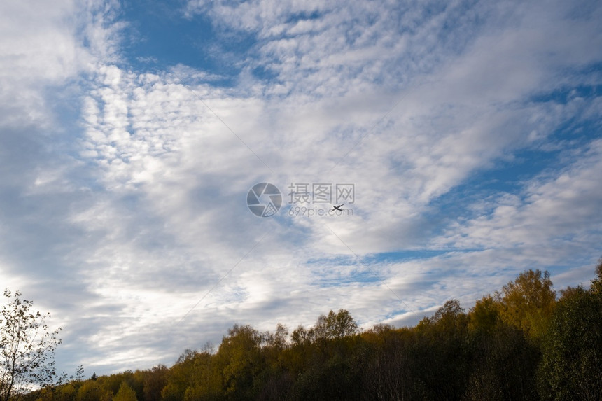 轮廓一种航班在秋天的森林上与美丽的云天空对抗大飞机休眠图片
