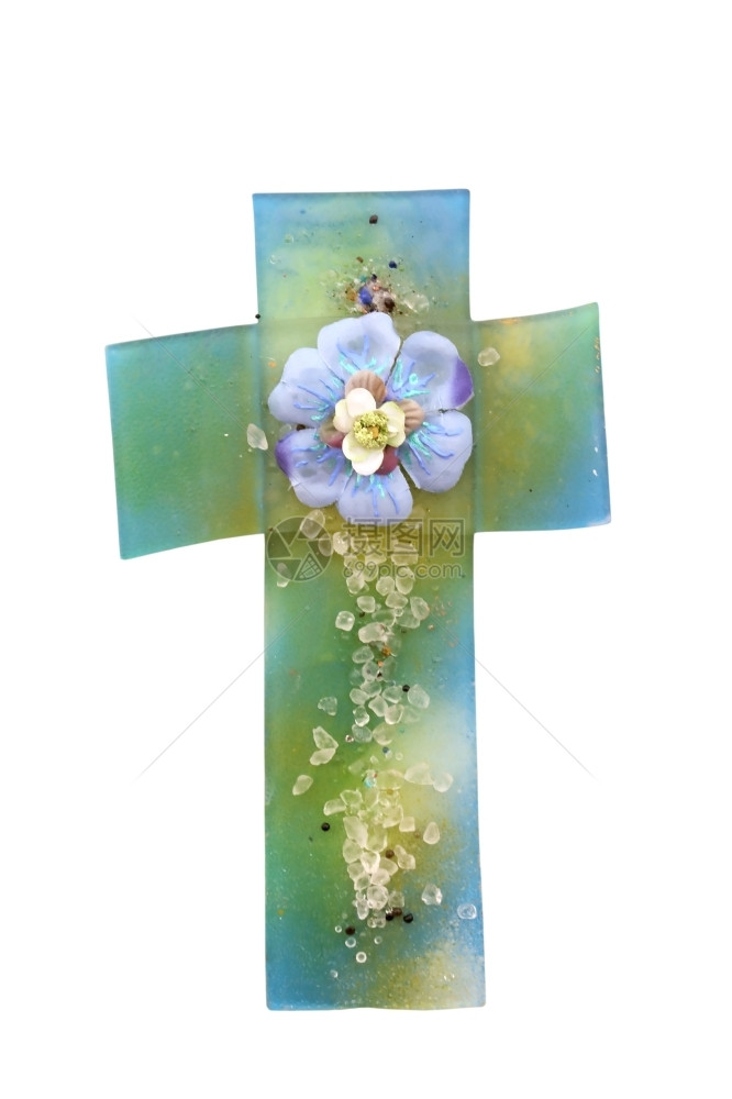 天主教宗玻璃十字花朵在白色上隔离绿图片