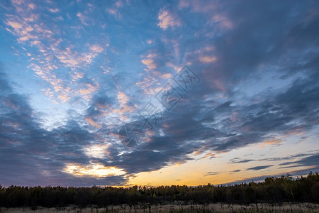 多云的晚上日落美丽夜云天空与秋树的顶峰俄罗斯图片