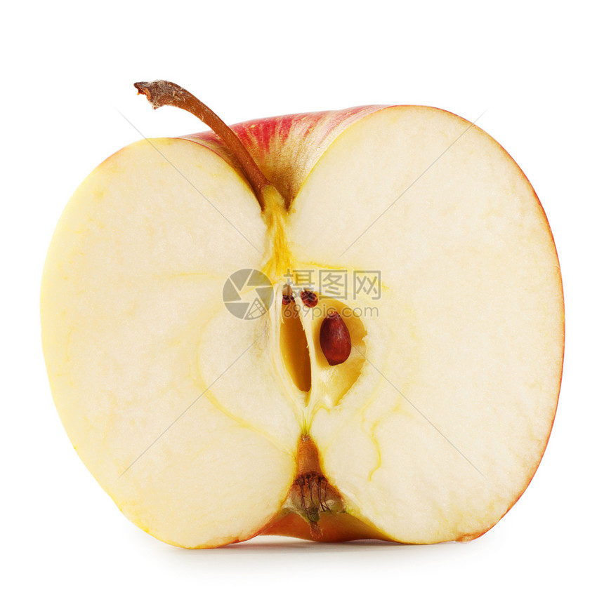 成熟健康生的半个甜多汁苹果在白色背景上被孤立图片