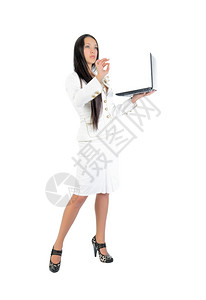 成功女商人白色的拥有全长白底笔记本电脑的商业妇女背景图片