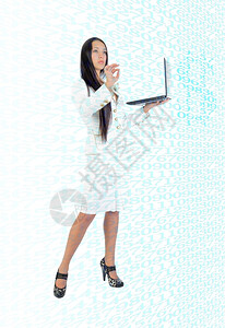 成功白色的拥有全长白底笔记本电脑的商业妇女背景图片