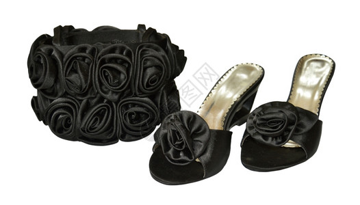 黑色的包白底带玫瑰和鞋子织物时尚图片
