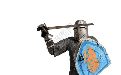 盾剑战斗机中世纪金属盔甲和头雇佣军骑士隔离历史圣骑背景