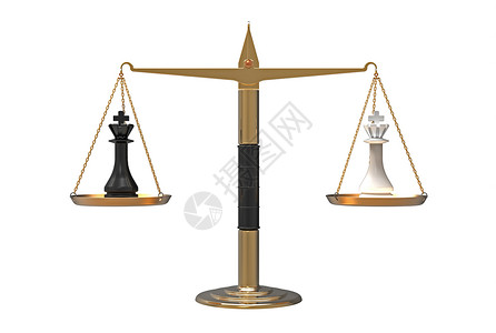 金银色国际象棋插图金的平衡力量两个象棋王在天平上衡3D对手设计图片