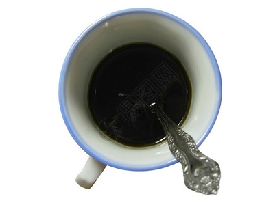 杯子圆形的喝半黑咖啡和茶匙在隔离区里图片