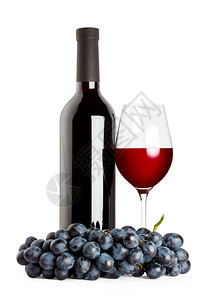 红色的棕白底孤立葡萄酒瓶和红杯及葡萄水果图片