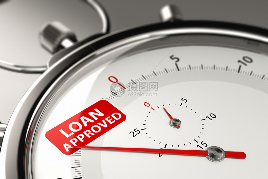计时器现金3D说明用针头指着经批准的文本贷款时钟计快速批准概念贷款核准概念的表示图片
