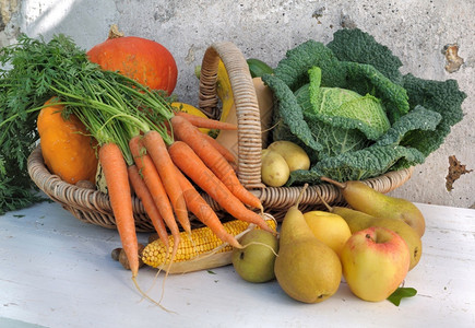 梨壁球新鲜的蔬菜和水果在园桌的篮子里图片