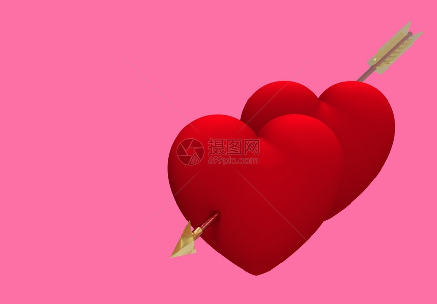 经过插图情人节两颗红心被粉色背景的箭射穿3D转化图片