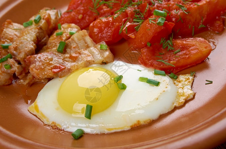 盘子欧洲早餐鸡蛋培根和番茄英语一顿饭图片