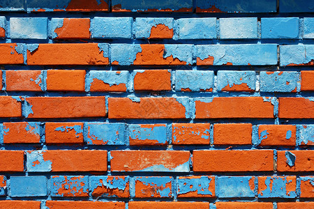 质地垃圾摇滚旧砖墙的红条纹和蓝油漆缝合画背景图片