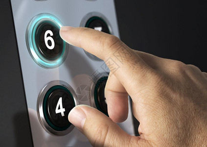 电梯数字商业蓝色的电梯按钮有手指6号键的电梯钮选择电梯按钮的概念纽扣背景